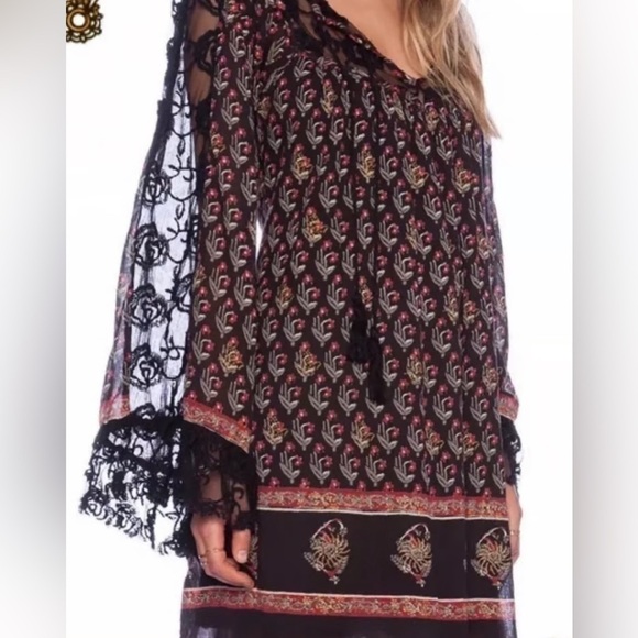 Free People Nomad Child Boho Black Floral Lace Detail Dress Tie Tassel neck xs - Picture 7 of 14